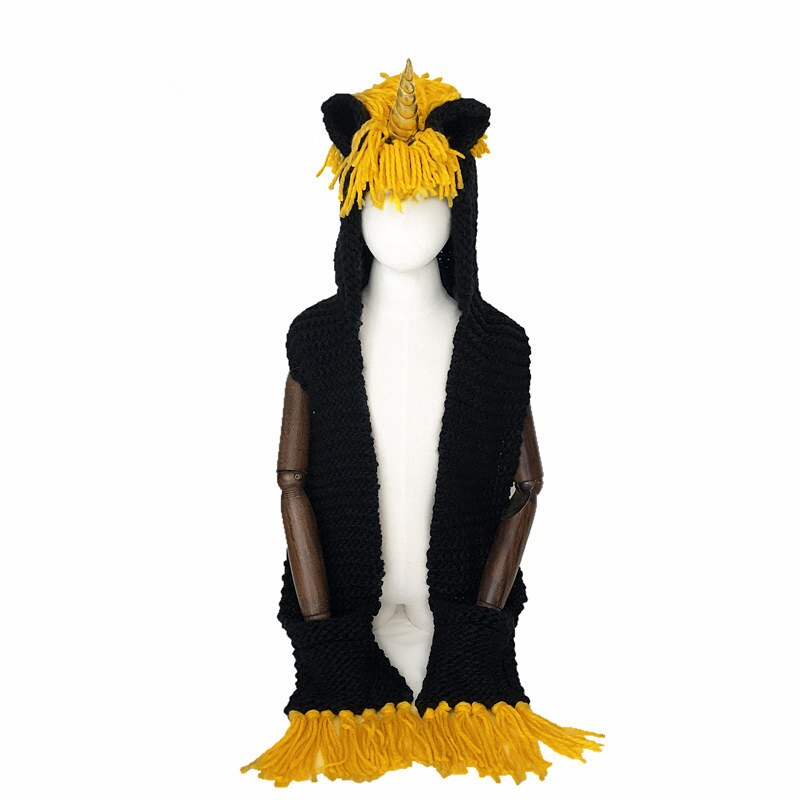 Kids Girls Rainbow Unicorn Soft Skullies Beanies Hats Shawl Scarf Set With Two Pockets Warm Knitted Bonnet Cap Christmas: A gold horn / M