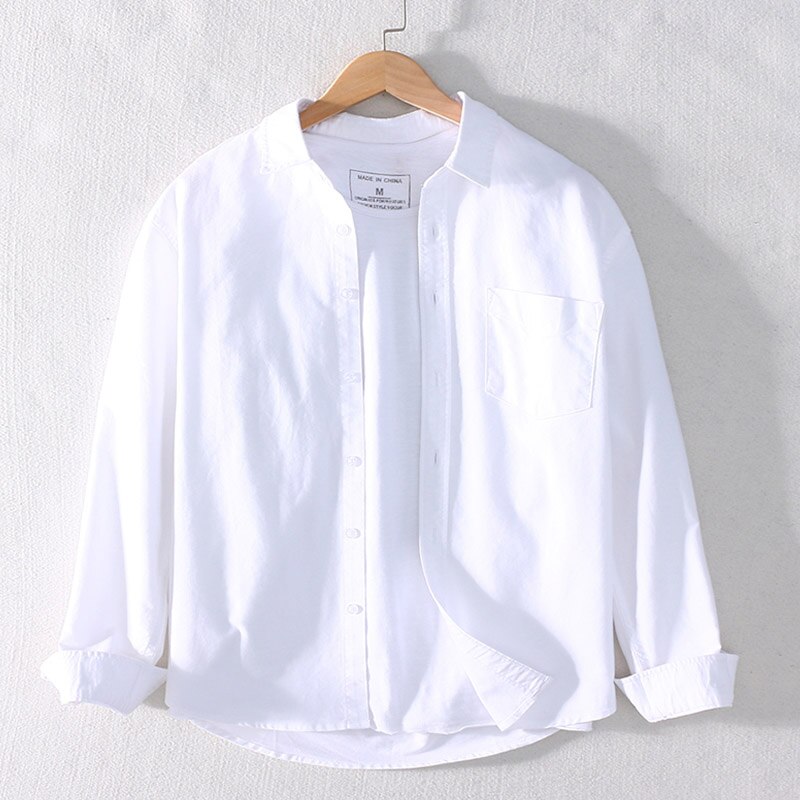 Schinteon Mannen 100% Katoenen Shirt Lange Mouwen Japanse Stijl Casual Oxford Shirt Turn-Down Kraag S-4XL: White / 4XL(Asian Size)