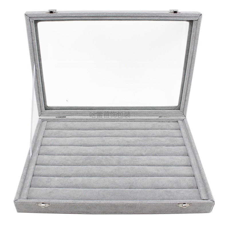 Big Velvet Gray Carrying Case with Glass Cover Jewelry Ring Display Box Tray Holder Storage Box Organizer Earrings Ring Bracelet