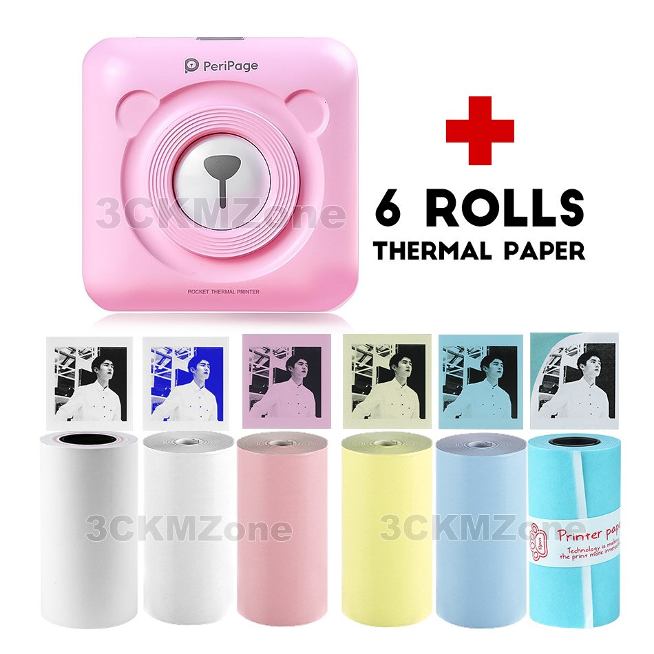 Portable Bluetooth Photo Picture Printer 58mm Mini Wireless Connection Pocket Peripage Printer For Children Kids Christmas: Pink-6-ROLLS Paper