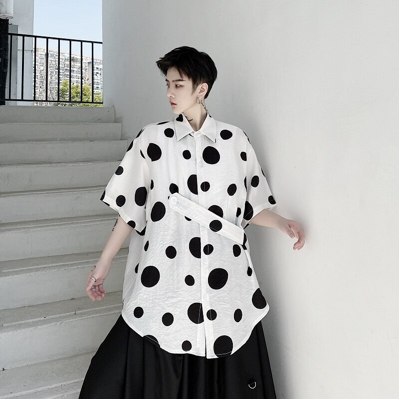 Men summer dot printed cotton & linen oversize shirt Korean short sleeve shirts man vintage casual breathable blouse