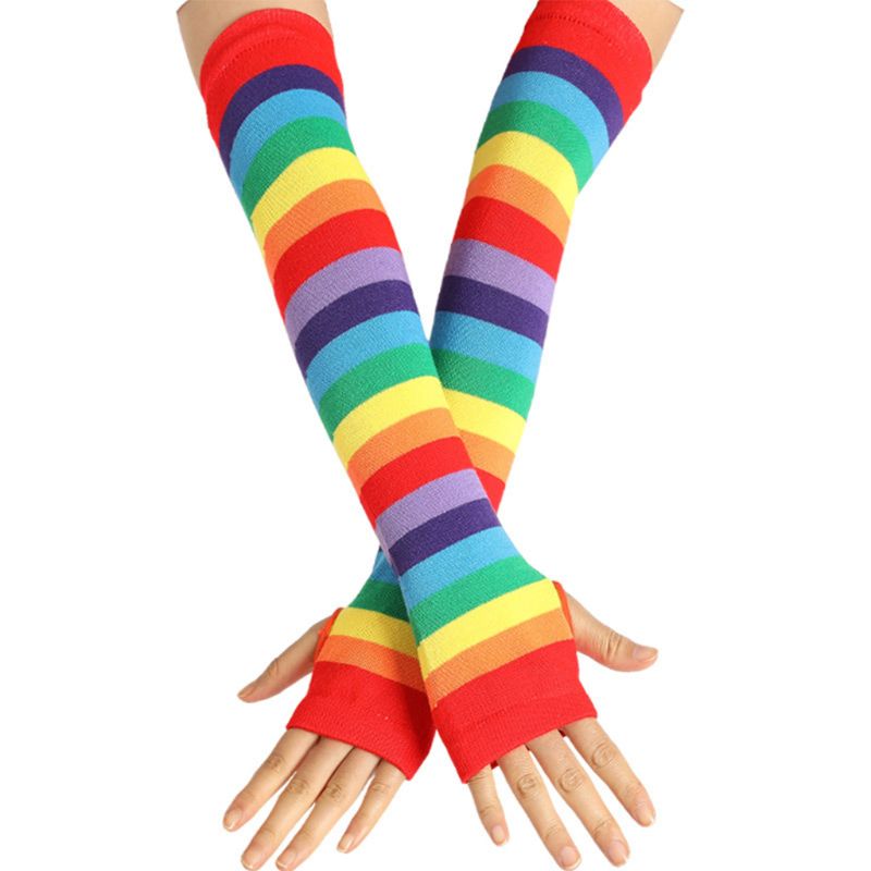Women Girl Knitted Over Elbow Long Arm Warmers US Flag Rainbow Stripes Patchwork Fingerless Gloves with Thumb Hole Party Costume