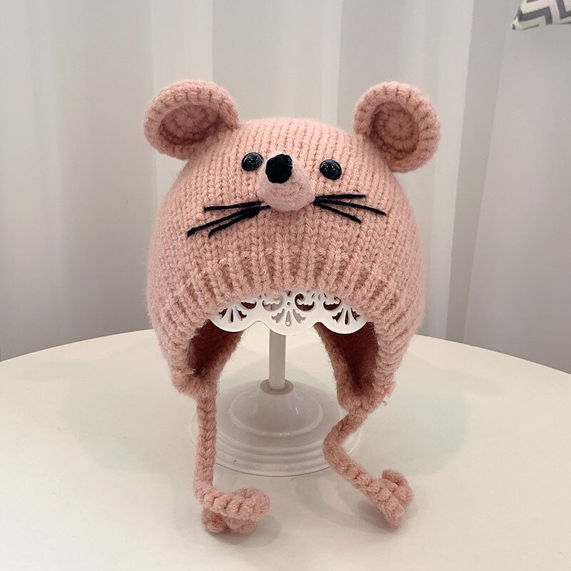 Schattige cartoon dieren baby muts met oren winter warme baby jongens meisjes muts muts gebreide peuter muts zachte kinder muts mutsen: Roze