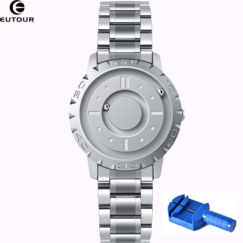 Eutour Horloge Voor Mannen, Magnetische Bal Show Quartz Horloges, Roestvrij Staal Horloges Heren , mode Unieke Horloges Heren: Silver With Tool