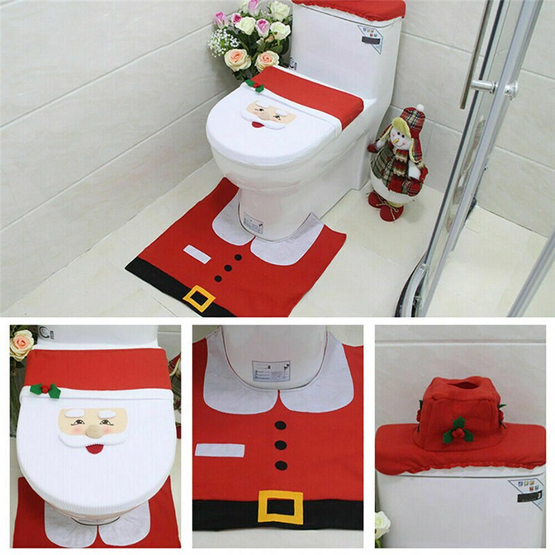 3 stk jul xmas boligindretning toilet toilet sæt santa snemand elf jul badesæt (toiletbetræk + tankdæksel + kontur tæppe)