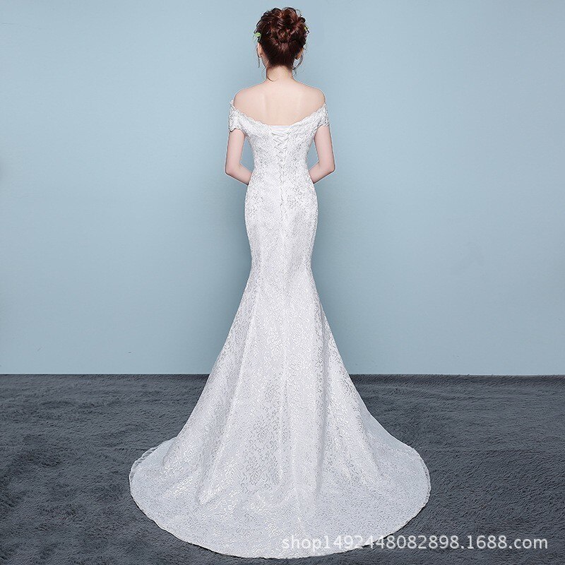 Vestido de noiva luksus havfrue brudekjoler bådhals fra skulder applikationer feje tog snøre op tyl brudekjoler