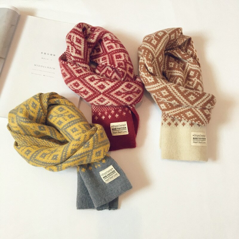 Höst vinter barn scarfs för flickor pojkar retro geometriskt mönster ull stickad baby scarf varm sjal barn halsdukar