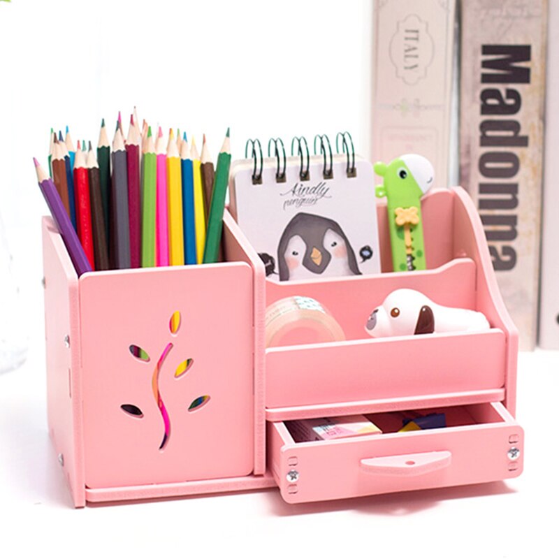 Multi-function 4 Grid Desktop Pen Holder Office School Stationery Storage Case Wood Box Desk Pen Pencil Organizer Phone Holder