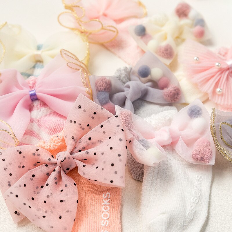 Summer Newborn Socks Bow Pompom Non-slip Baby Girl Socks Cute Lace Pearl Infant Ankle Born Socks recien nacido