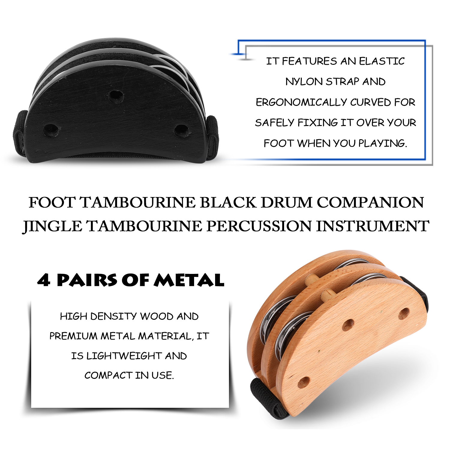 Fod tamburin sort tromle ledsager jingle tamburin slaginstrument tilbehør letvægts håndfod dobbeltbrug tamburin