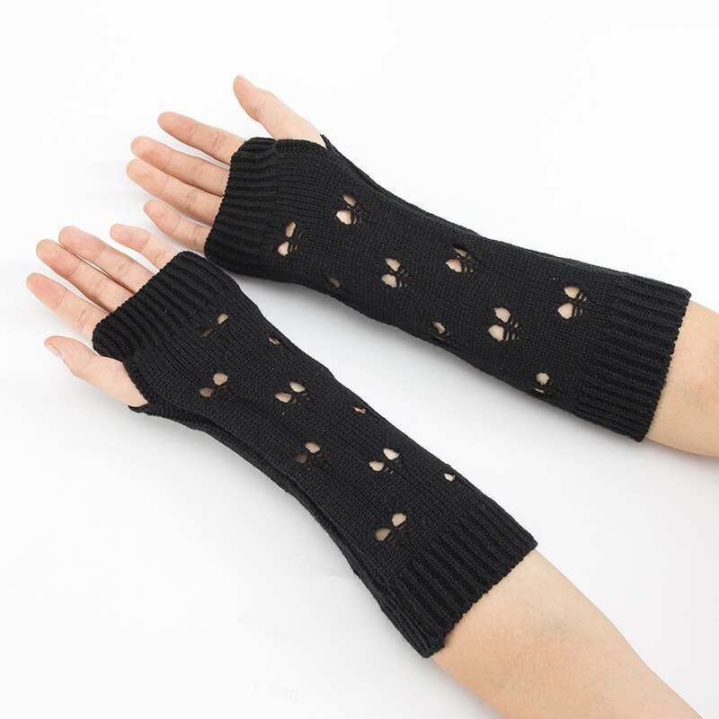 1 par kvinder vinter udhulede hæklede fingerløse handsker ribbet strik trim armopvarmere ensfarvet elastisk vante med tommelfingerhul