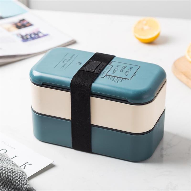 1000ml Portable 2 Layers Bento Box Food Container Plastic Leakproof Keep Warm Lunch Box Microwave Food Storage Box With Spoons: Blue