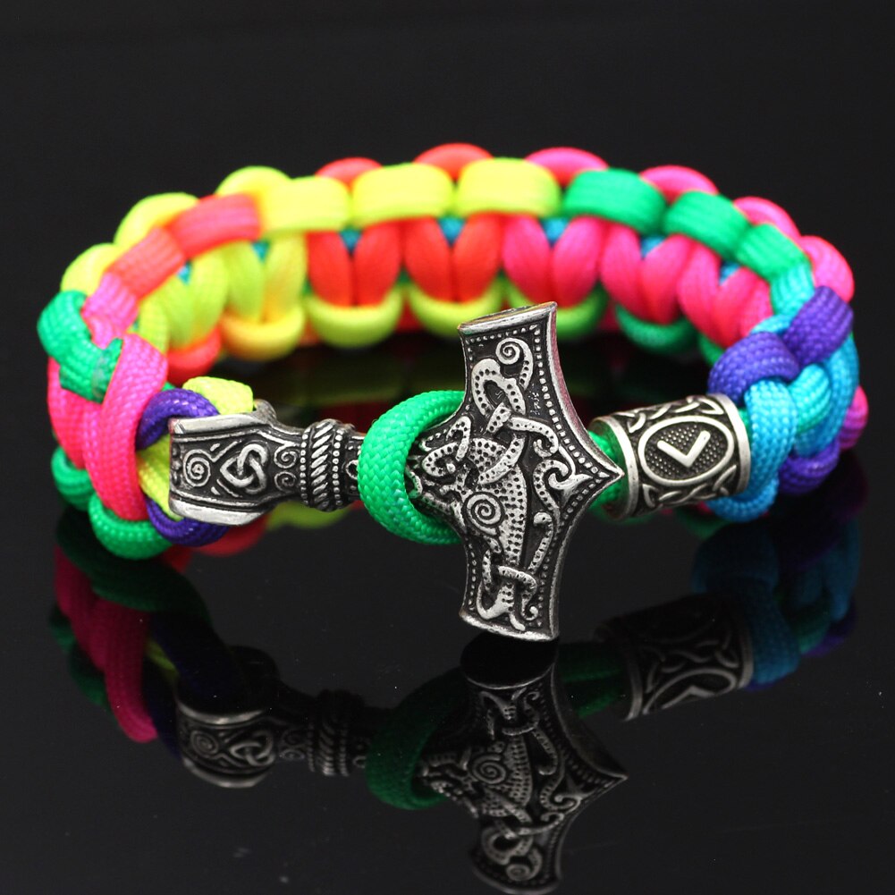 Youe Glänzte Nordischen Viking Thor Mjolnir Hammer Paracord Amuletceltic Rune Knoten Amulett Skandinavischen Licht Regenbogen Armband: C