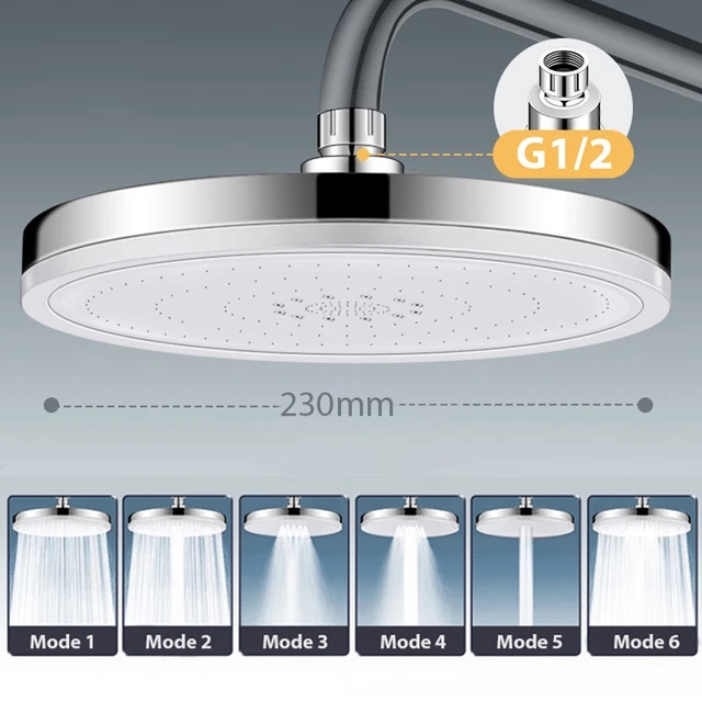 Cabezal de ducha de lluvia de 6 modos, cabezales de ducha de lluvia superiores de alta presión para baño, ° Accesorios para grifos de ducha con rociador superior: Blanco