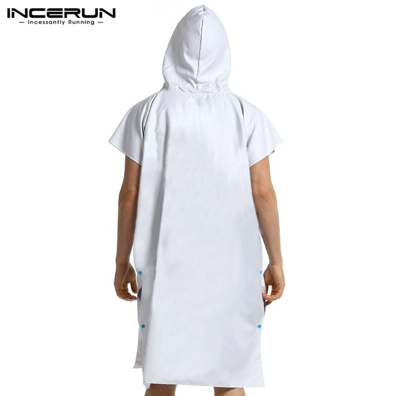 INCERUN Leisure Men Hooded Bathrobes Short Sleeve Quick Dry Beach Robes Solid Color Buttons Nightgown Mens Loose Homewear S-5XL