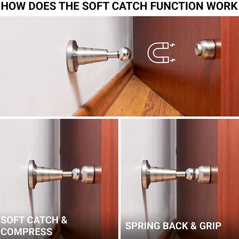 Magnetic Door Stop with Soft-Catch - Stainless Steel Brushed Magnetic Stopper, Chrome Heavy Duty Magnet,Hold Door Open