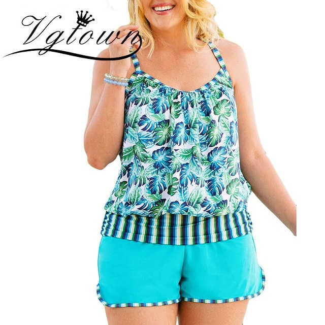 High Cut Swimdress Plus Size Tankini Swimsuits Floral print Swimwear Women Ladies Push Up With Shorts Sport Two Pieces 5XL