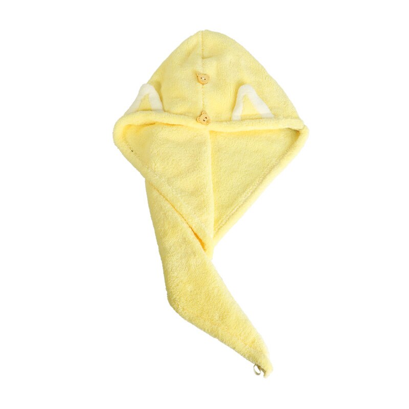 Quick Dry Hair Towels Women And Child Cute Cat Ear Super Absorption Thicker Microfiber Turban Towels With Bear Buttons: Adult Yellow
