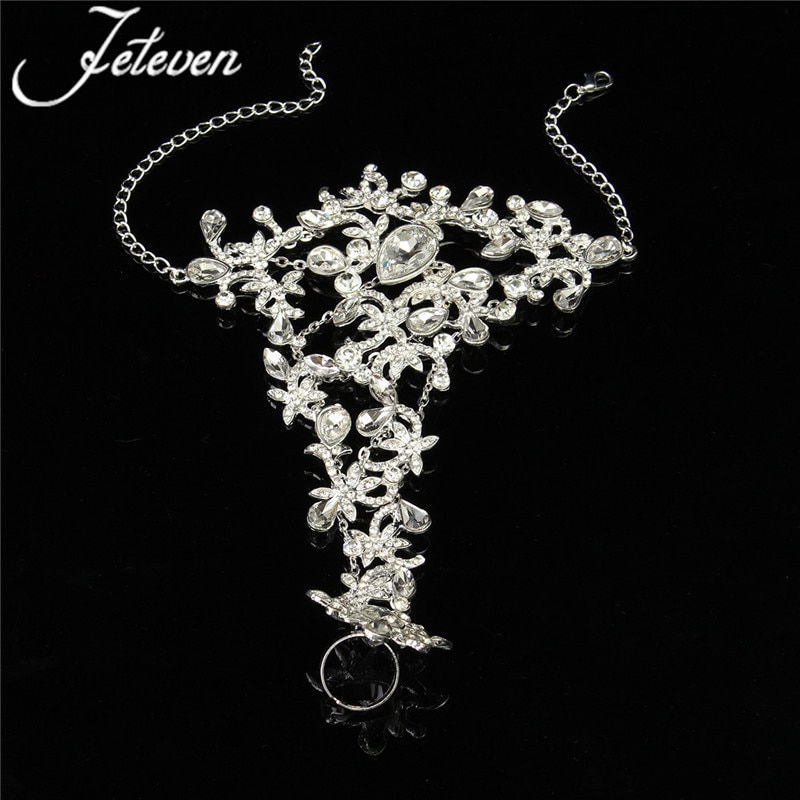 Clear Crystal Bridal Ring Bracelet Luxury Tear Rhinetone Chain Link Bangle Finger Ring Wraps Slave Bracelet Wedding Jewelry