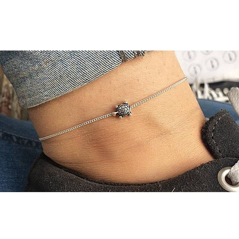 Vintage Eenvoudige Zilveren Ketting Zeeschildpad Enkelband Voor Vrouwen Enkelbandje Armband op De Been Handgemaakte Sieraden Zomer Retro Charm Sandalen