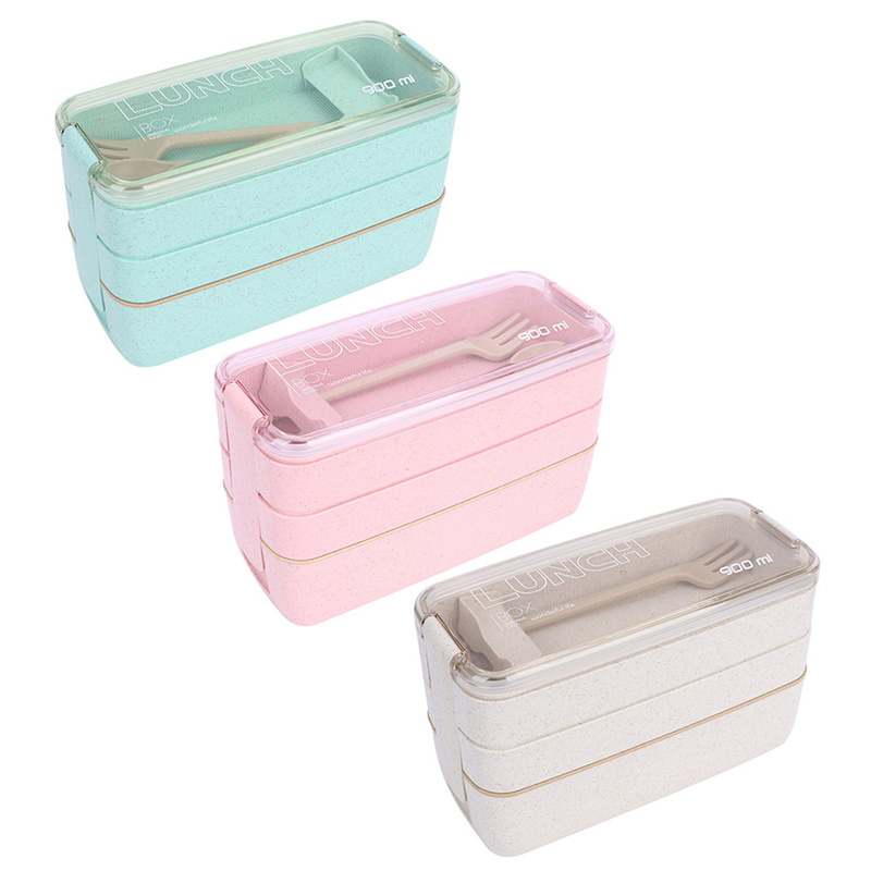 3 Layer Wheat Straw Bento Boxes 900ml Healthy Material Lunch Box Microwave Dinnerware Food Storage Container Lunchbox
