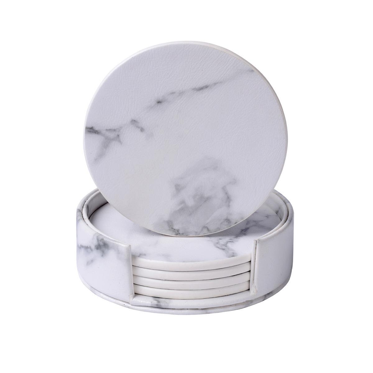 6 stk / sæt marmor pu læder rund firkantet drinkunderlag placemat kop måttepudeholder sort hvid chic dekoration køkkenudstyr: Rund marmor hvid