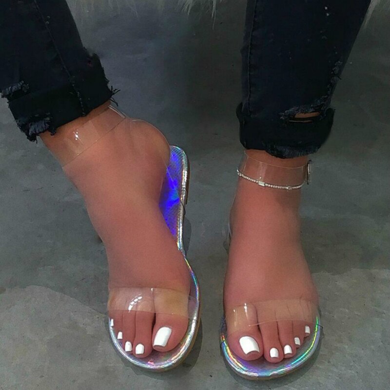 Femmes Transparent sandales femmes léger chaussures plates femme croix sangle femme confort femme décontracté plage chaussures grande taille: Silver / 10