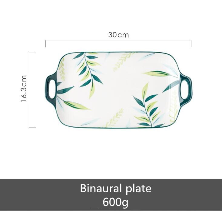 Hand-painted Underglaze Color Green Ceramic Plants Plate Set Ceramic Tableware Food Dishes Rice Salad Noodles Soup Bowl: Binaural plate