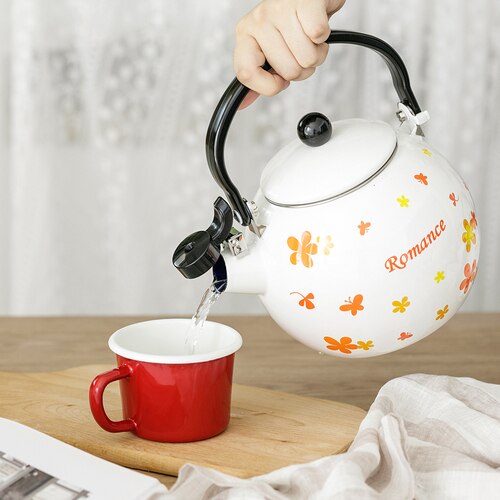 2L thick flat bottom whistle round belly enamel kettle kettle jug milk teapot home portable kitchen induction cooker universal: A