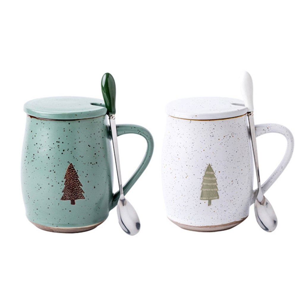 Tazza da caffè nordica con coperchio tazze in ceramica da 500ml tazze da albero per cartoni animati con cucchiaio tazza da caffè al latte regali di novità