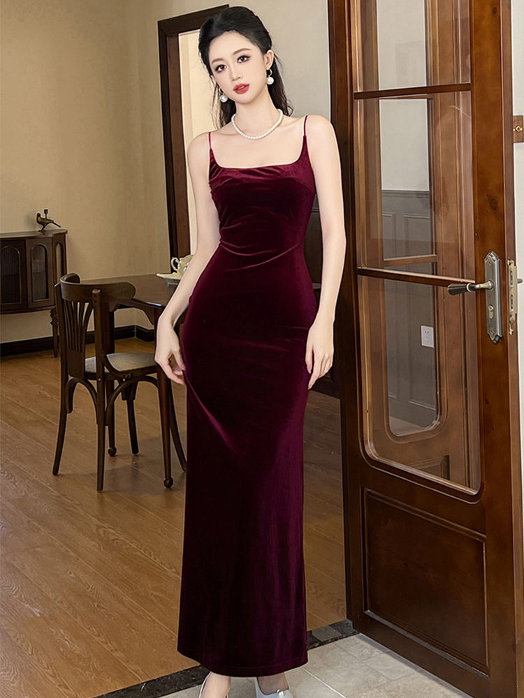 Elegante vestido longo feminino com alça de veludo, sem encosto, fenda maxi, francês, vinho tinto, preto, parte inferior, festa, reunião anual