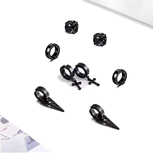 5 Pairs of Punk Hip Hop Stainless Steel Black Dagger Geometric Triangle Cross Sword Pendant Earring Set Men and Women Youth
