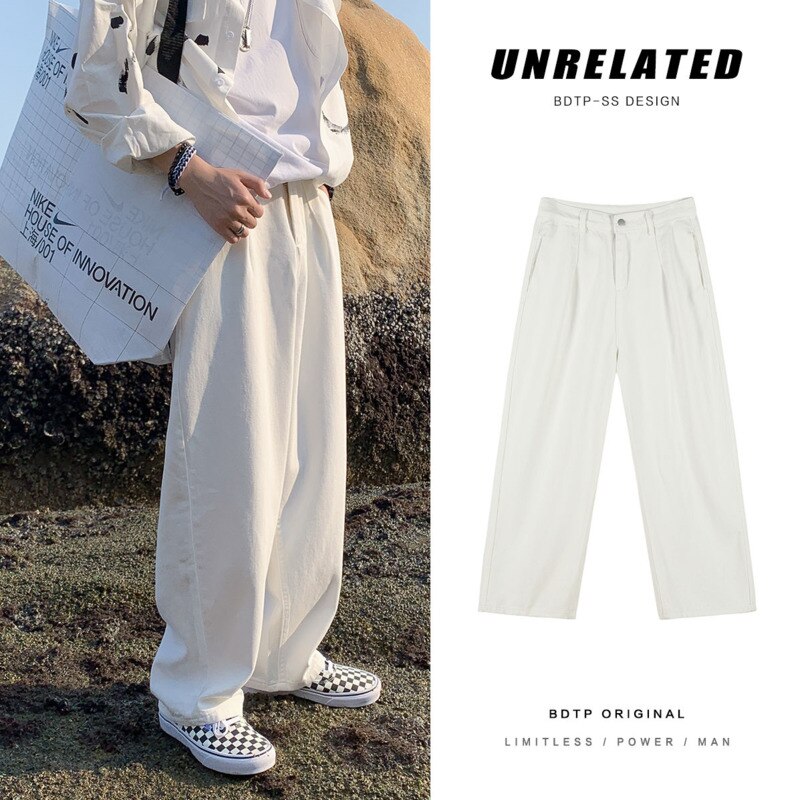 Lente Wijde Broek Mannen Mode Witte Casual Broek Mannen Streetwear Koreaanse Losse Hip-Hop Straight-been Broek Heren Broek