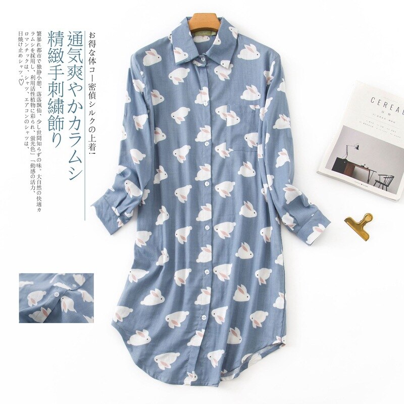 Mais tamanho de moda inverno noite vestido feminino pijamas pijamas 100% algodão escovado fresco: Blue Rabbit / XL