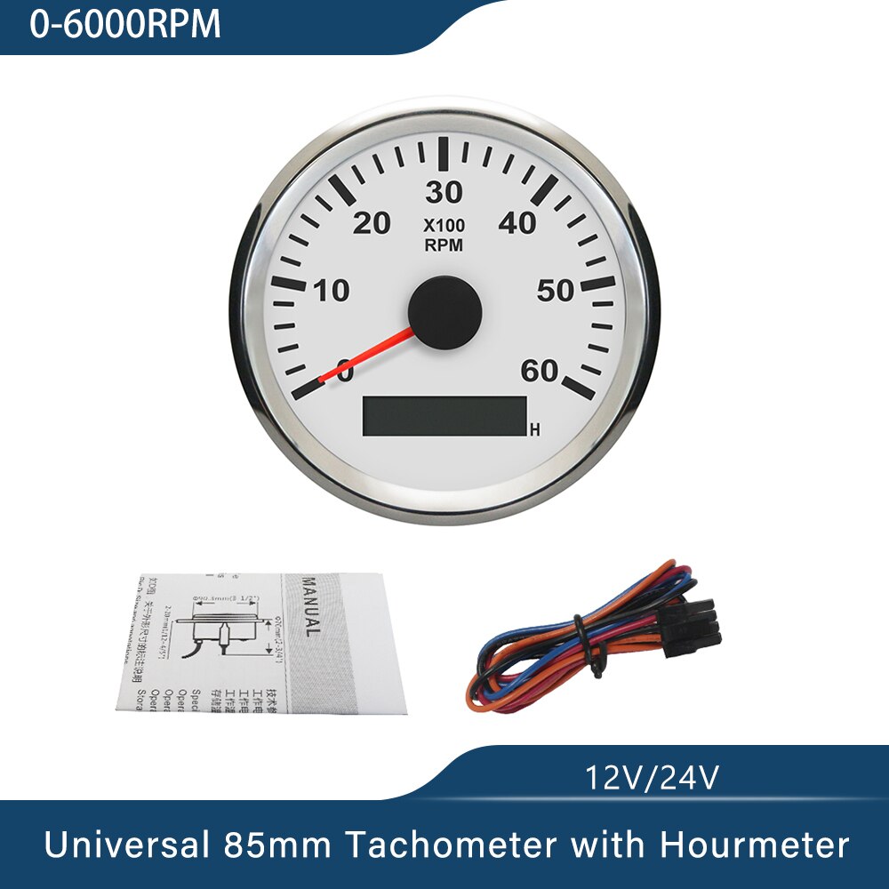 Waterproof 85mm Generator Tachometer RPM REV Counter 0-3000RPM with LED Hourmeter 12V/24V with Red Backlight: 6KWS