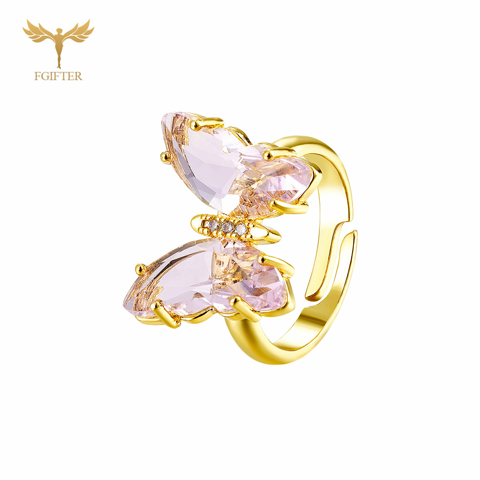 Anillos de mariposa de circón en 18 colores para mujeres y niñas, accesorios de joyería para dedo de mano de cobre de Color dorado de lujo, de tamaño ajustable: Cian