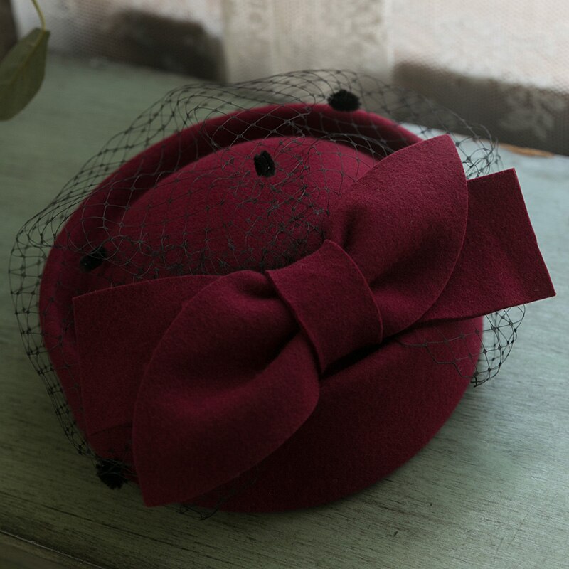 White Green Pure Wool Berets Women Classic Face Veil Mesh Fedora Headwear Ladies Church Wedding Royal Banquet Cocktail Bow Hat: Wine Red