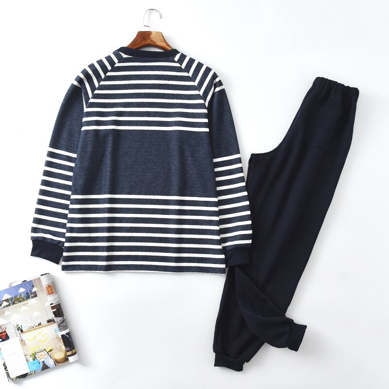 Pajamas for men knitting Cotton stripe Pajama set Sleep pullover Sleepwear