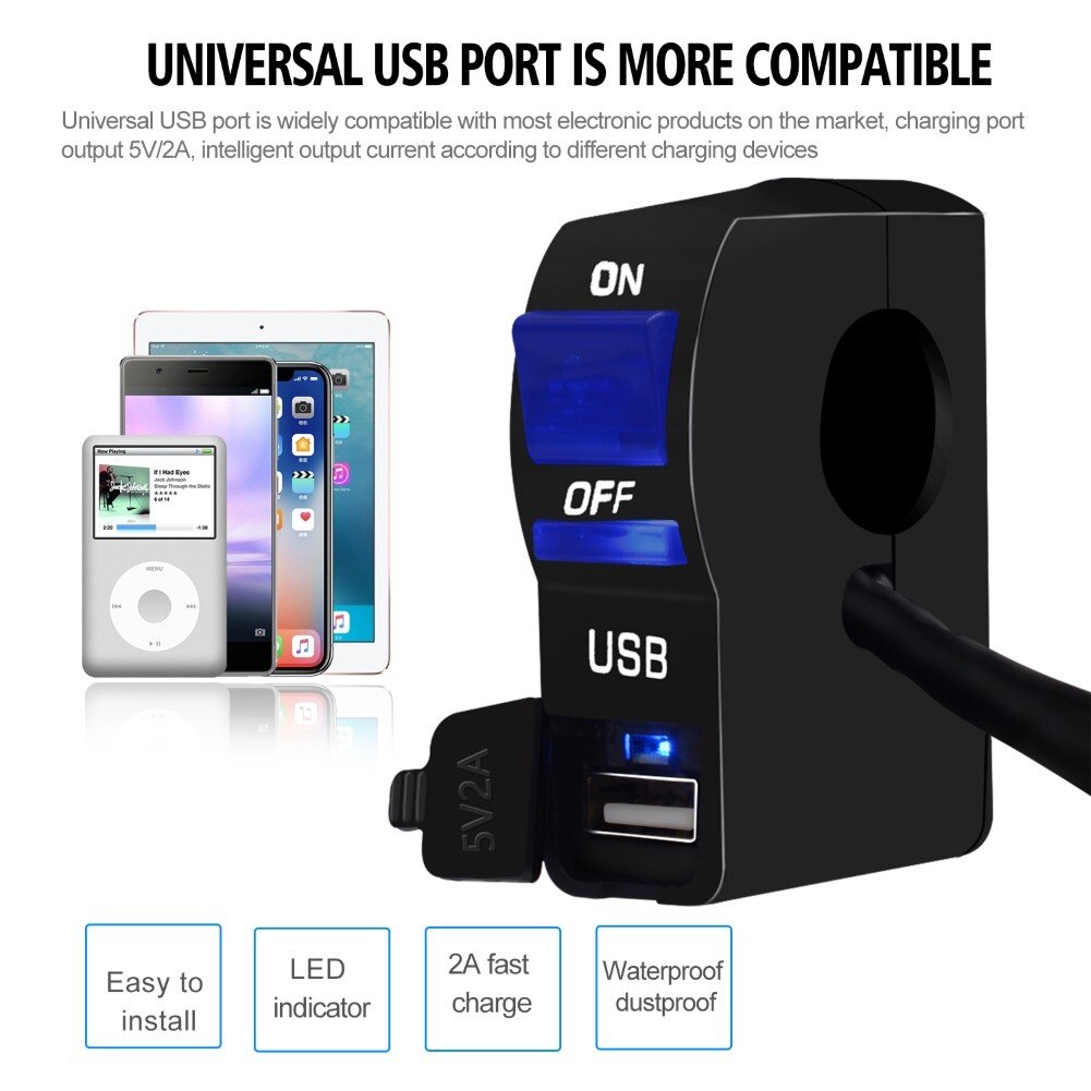 Cargador de teléfono USB con interruptor, montaje en manillar de motocicleta, indicador LED, CC de 12V