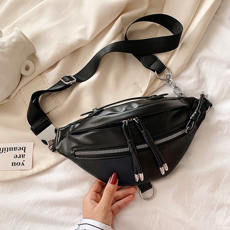 Women Waist Bag PU Leather Women's Handbag Girl Casual Chest Bag Small Lady Travel Shoulder Messenger Bag: Black