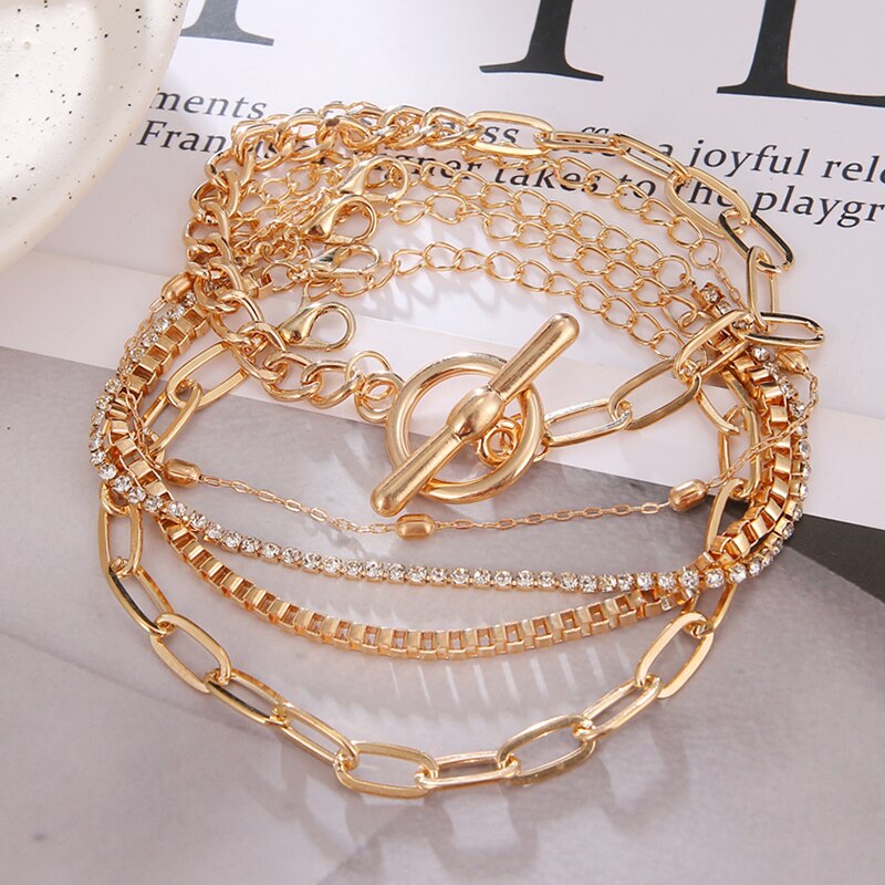 VKME 5 Teile/satz Punk Gold Kristall Dicke Kette Armbänder einstellen Für Frauen Böhmischen Geometrische Kette Ot Schnalle Armbinde einstellen Schmuck