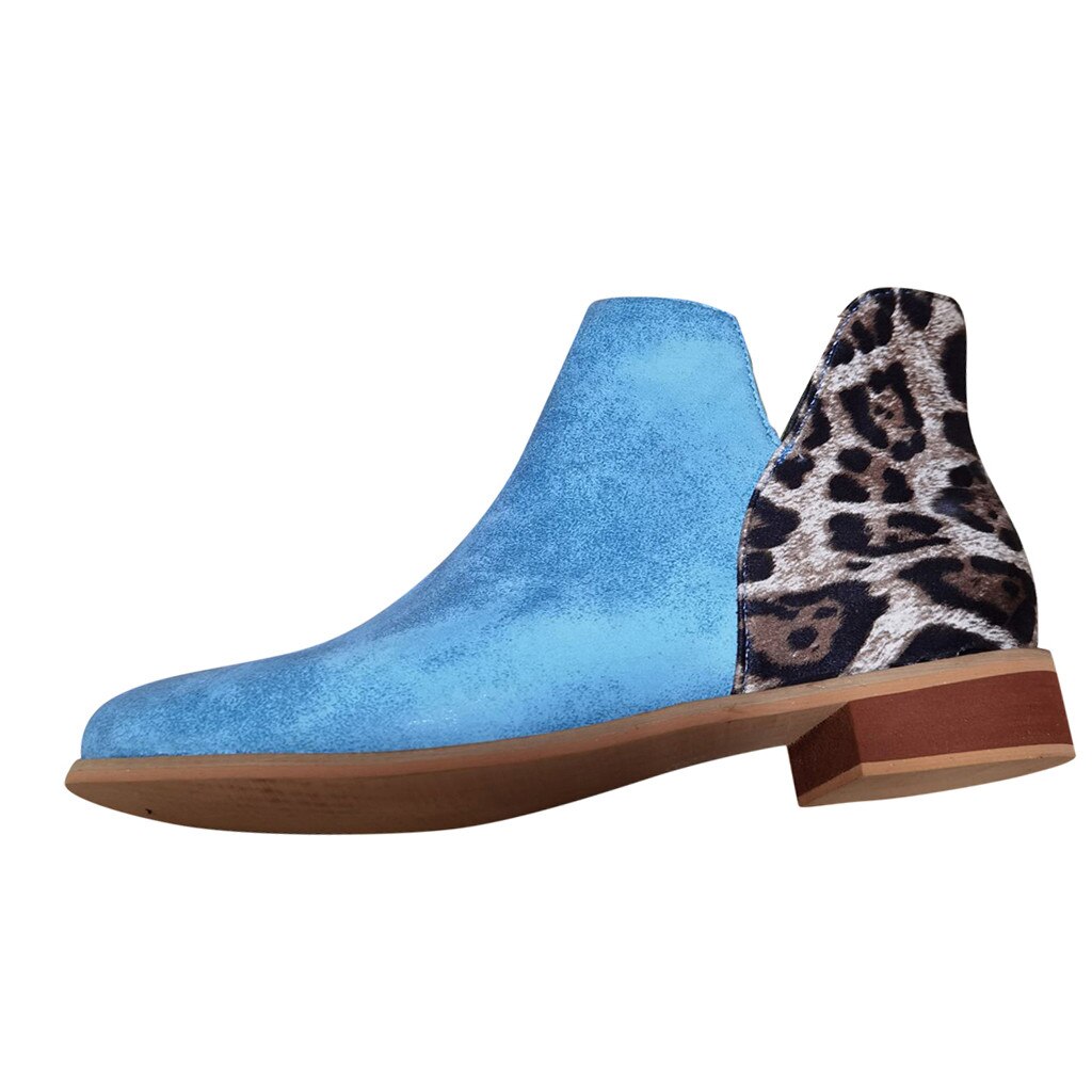 Vrouwen Mode Leopard Serpentine Laarzen Dames Outdoor Vierkante Hakken Schoenen Laarzen Pu Patchwork 3 Kleur Enkellaarsjes: Blauw / 9