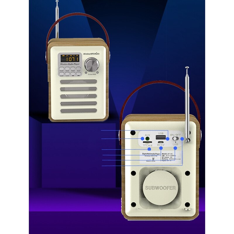Fm -radio retro puinen laatikkoradio kahvalla, bluetooth -kaiutintoiminnolla