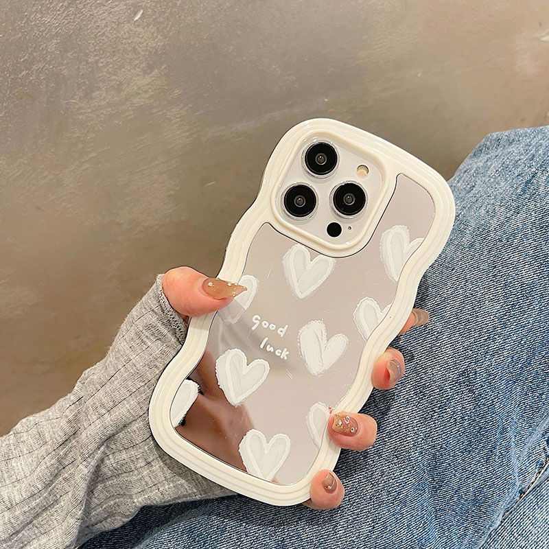 Funda coreana con espejo de maquillaje de corazón blanco encantador para iPhone 14 15 16 Pro Max 13 11 12 14 Plus XS X XR cubierta suave a prueba de golpes