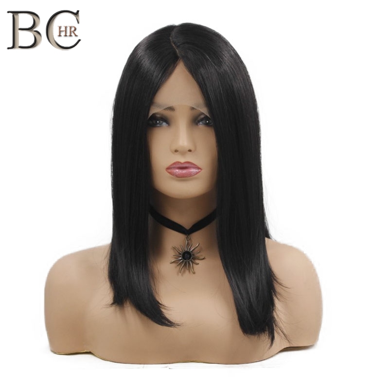 BCHR-perruque synthétique lisse mi-longue noire, cheveux avec raie latérale en fibre résistante à la chaleur, 13*4, pour femmes noires