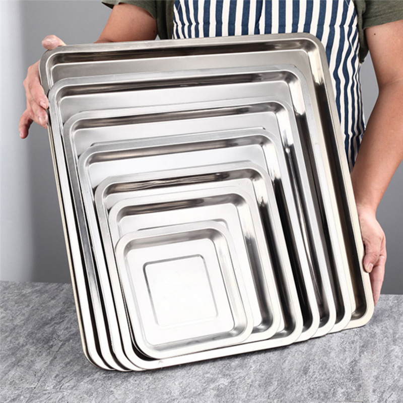 Stainless Steel Square Food Storage Tray Steamed Sausage Shallow Plate Bread Baking Pans Kitchen Accessories
