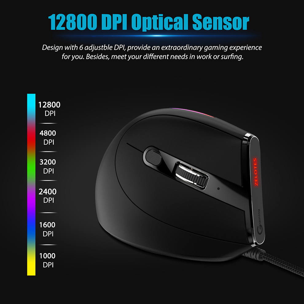 Ergonomic Wired Vertical Optical Mouse for PC/Laptop/Desktkop,12800DPI Adjustable Wired Game Mouse with Programmable,RGB Backlit
