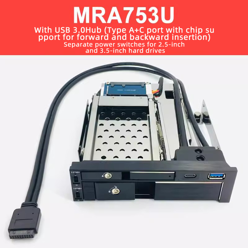 Optical Dual Bay Tray Less Mobile Rack Enclosure For 2.5 Inch 3.5 Inch SATAT III HDD SSD (2 Port USB 3.0 Hub Optional ) Desktop: Blue