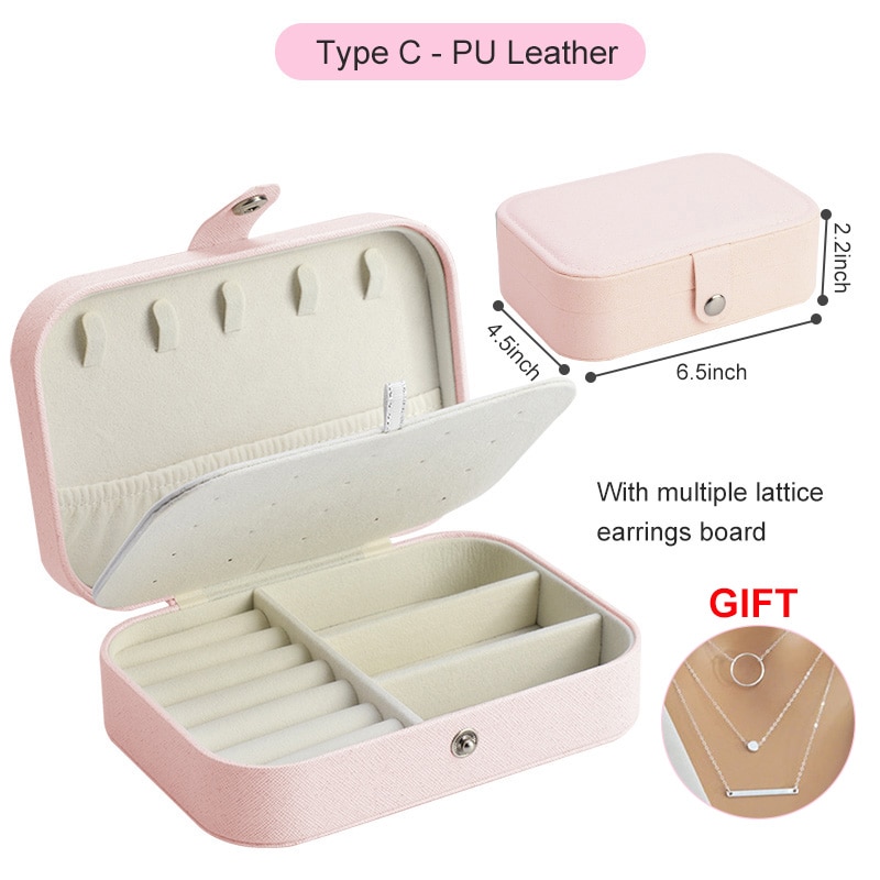 PU Leather Jewelry Box Storage Box Ring Display Lady Case Portable Jewelry Organizer for Necklaces Joyeros Organizador De Joyas: C Pink