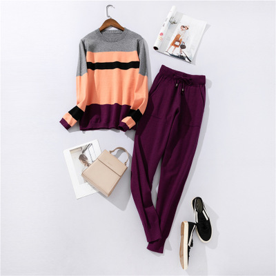 Autumn and winter casual women's knit sweater pants suit knit sportswear color strip stitching wool knit suit